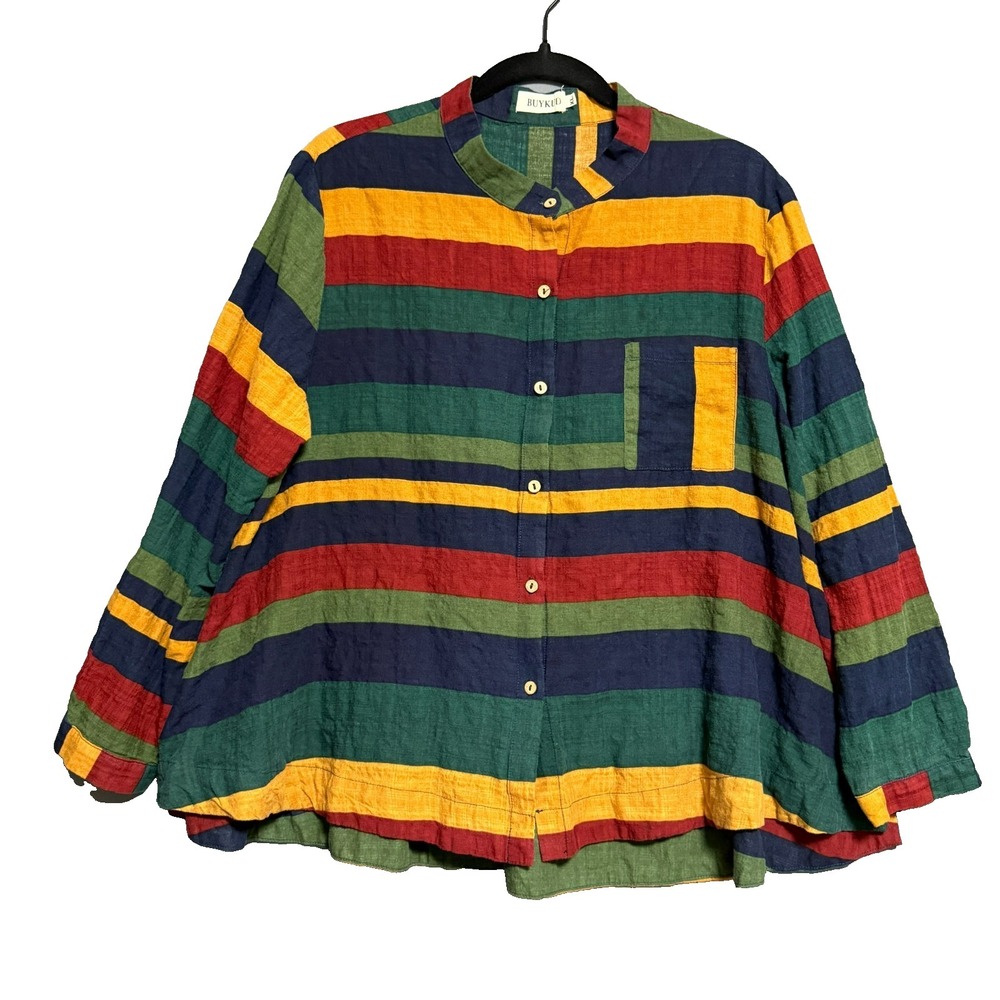 BUYKUD Blouse Womens XL Boho Artsy Colorful Striped Lagenlook Mod Retro Eclectic